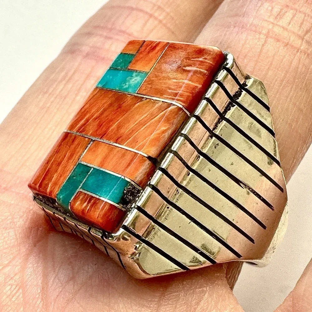 Turquoise Multi Stone Inlay Mens Ring Sz 13 Navajo Sterling Signed T Jack 22mm
